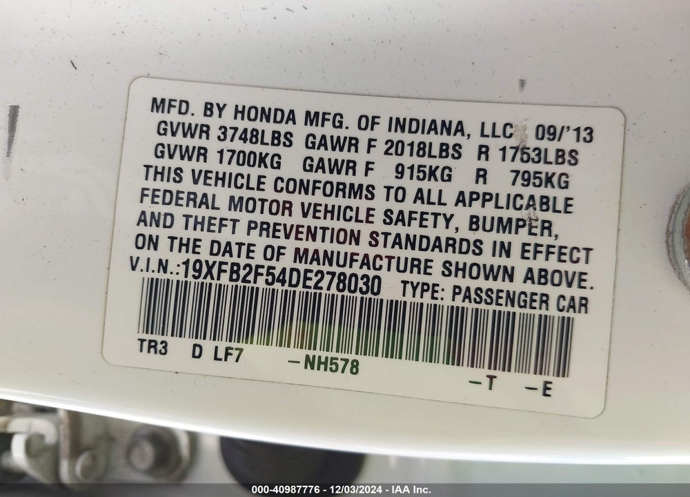 2013 HONDA CIVIC LX VIN: 19XFB2F54DE278030