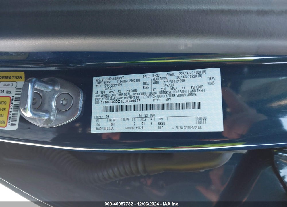 2020 FORD ESCAPE TITANIUM VIN: 1FMCU0DZ1LUC39947