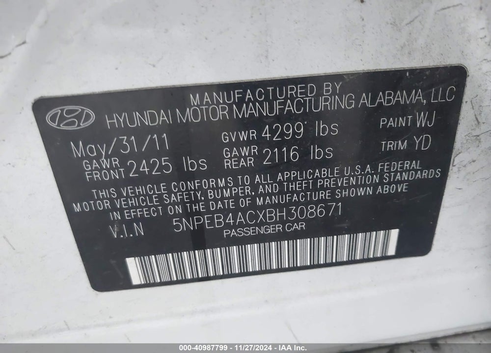 2011 HYUNDAI SONATA GLS VIN: 5NPEB4ACXBH308671