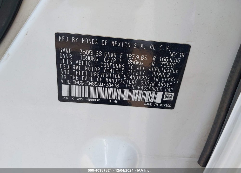2019 HONDA FIT VIN: 3HGGK5H88KM738436