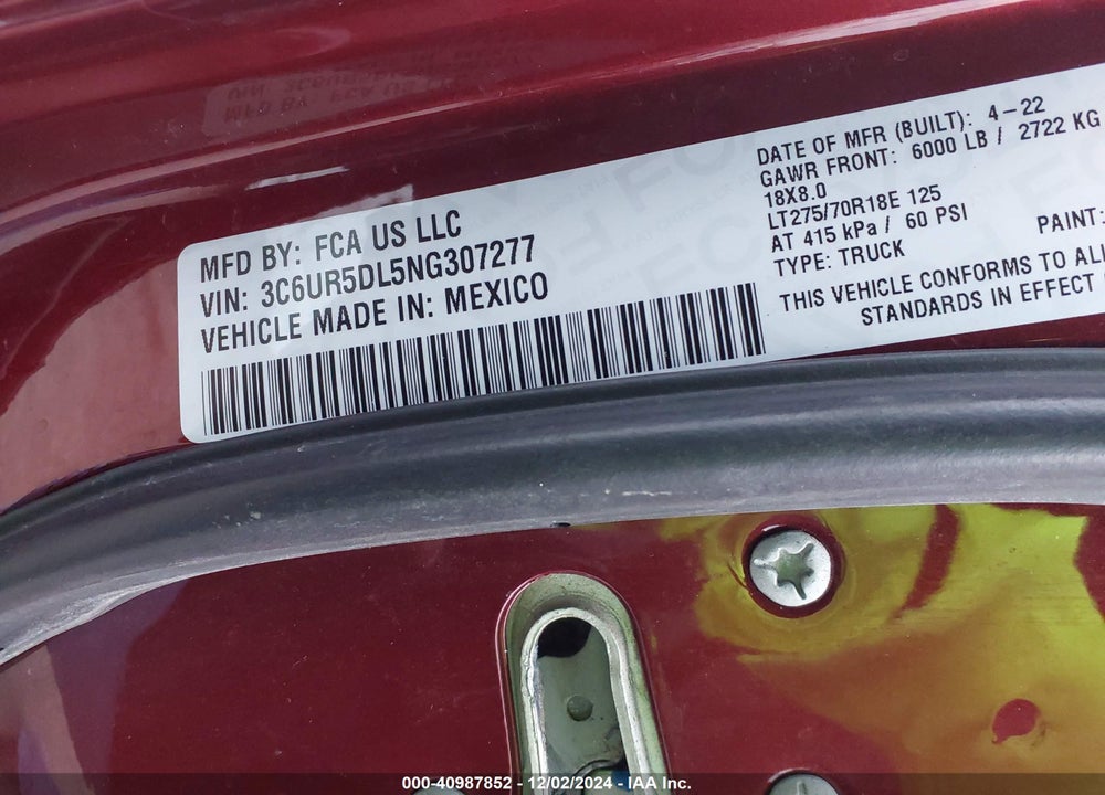 2022 RAM 2500 VIN: 3C6UR5DL5NG307277