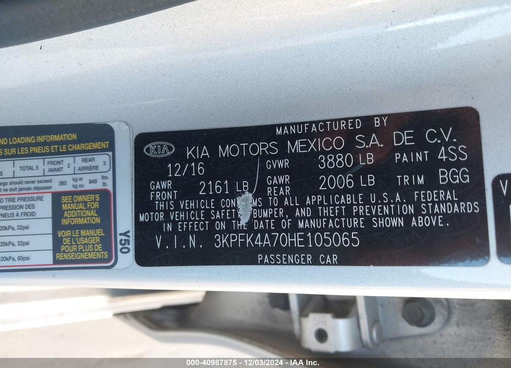 2017 KIA FORTE LX VIN: 3KPFK4A70HE105065