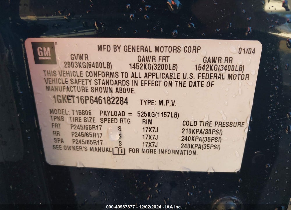 2004 GMC ENVOY XL SLT VIN: 1GKET16P646182284