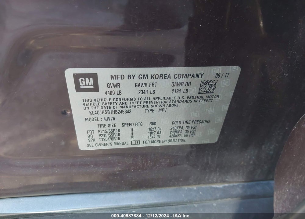 2017 BUICK ENCORE PREMIUM VIN: KL4CJHSB1HB245343