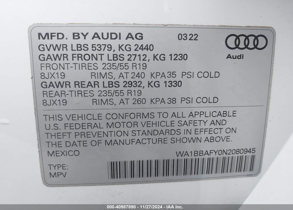 2022 AUDI Q5 PREMIUM PLUS 40 TFSI QUATTRO S TRONIC VIN: WA1BBAFY0N2080945