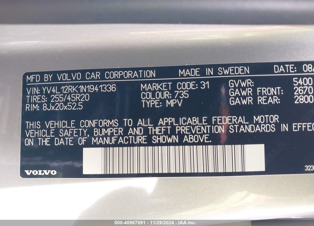 2022 VOLVO XC60 B5 MOMENTUM VIN: YV4L12RK1N1941336