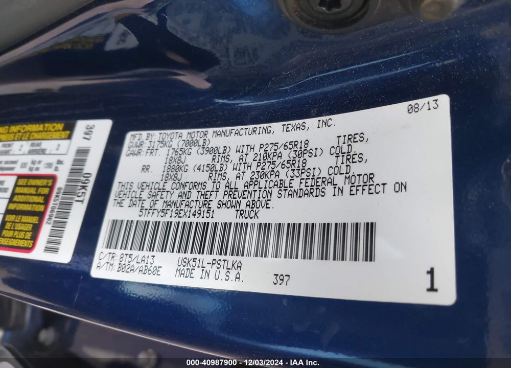 2014 TOYOTA TUNDRA LIMITED 5.7L V8 VIN: 5TFFY5F19EX149151