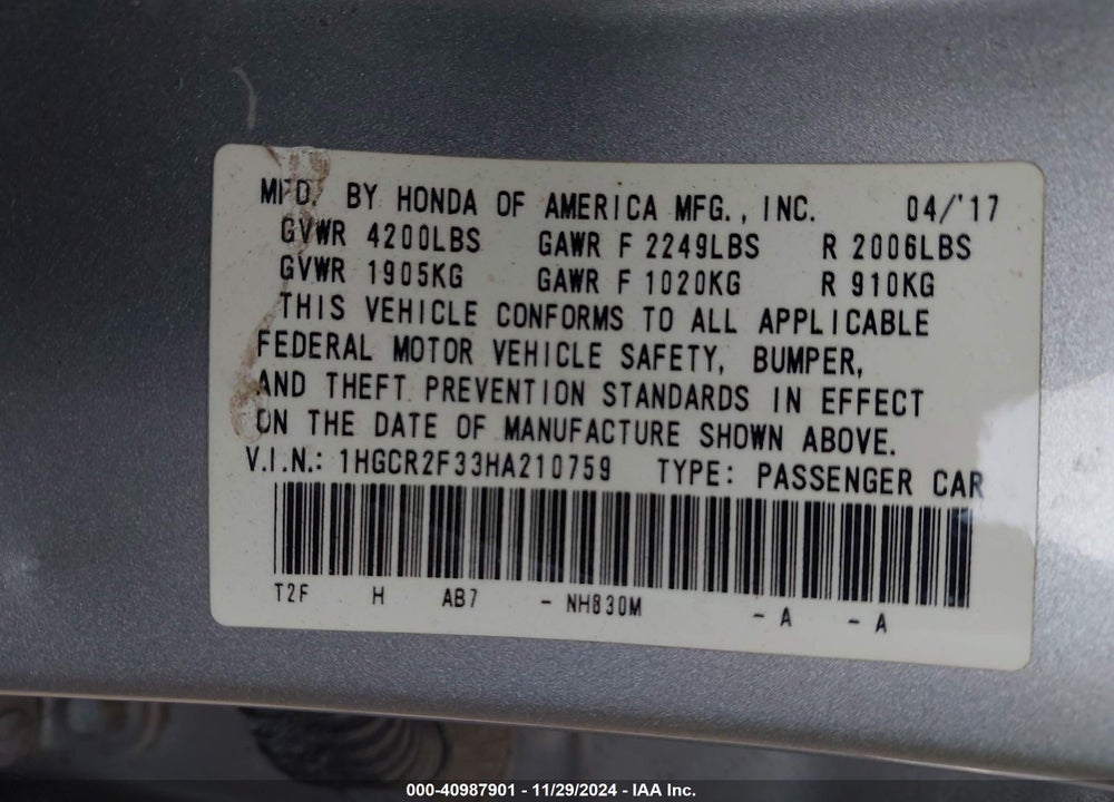 2017 HONDA ACCORD LX VIN: 1HGCR2F33HA210759