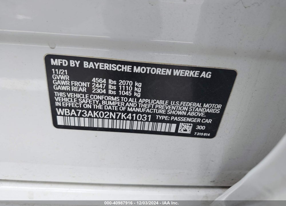 2022 BMW 228 GRAN COUPE VIN: WBA73AK02N7K41031