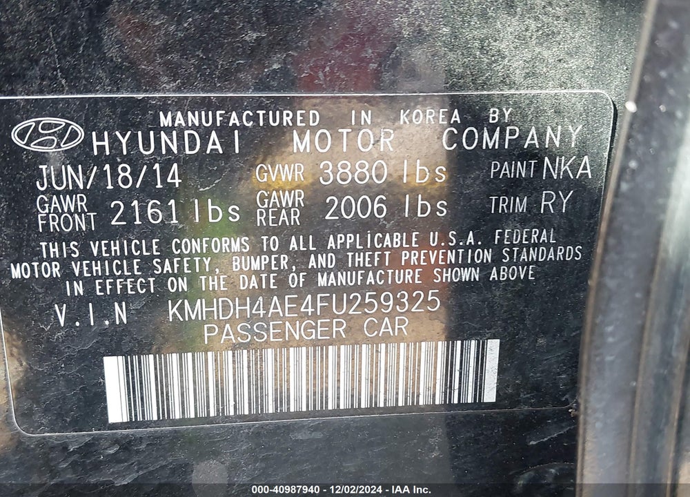 2015 HYUNDAI ELANTRA SE VIN: KMHDH4AE4FU259325