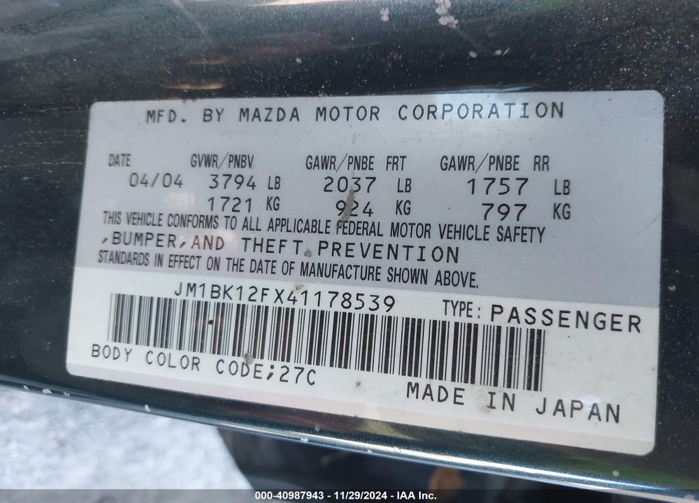 2004 MAZDA 3 I VIN: JM1BK12FX41178539