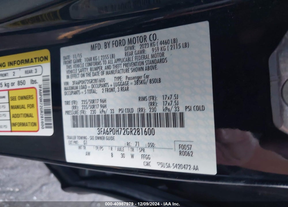 2016 FORD FUSION SE VIN: 3FA6P0H72GR281600