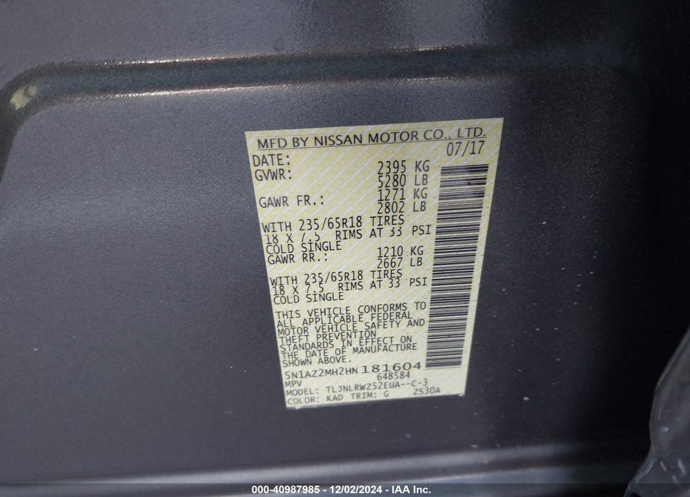 2017 NISSAN MURANO SL VIN: 5N1AZ2MH2HN181604