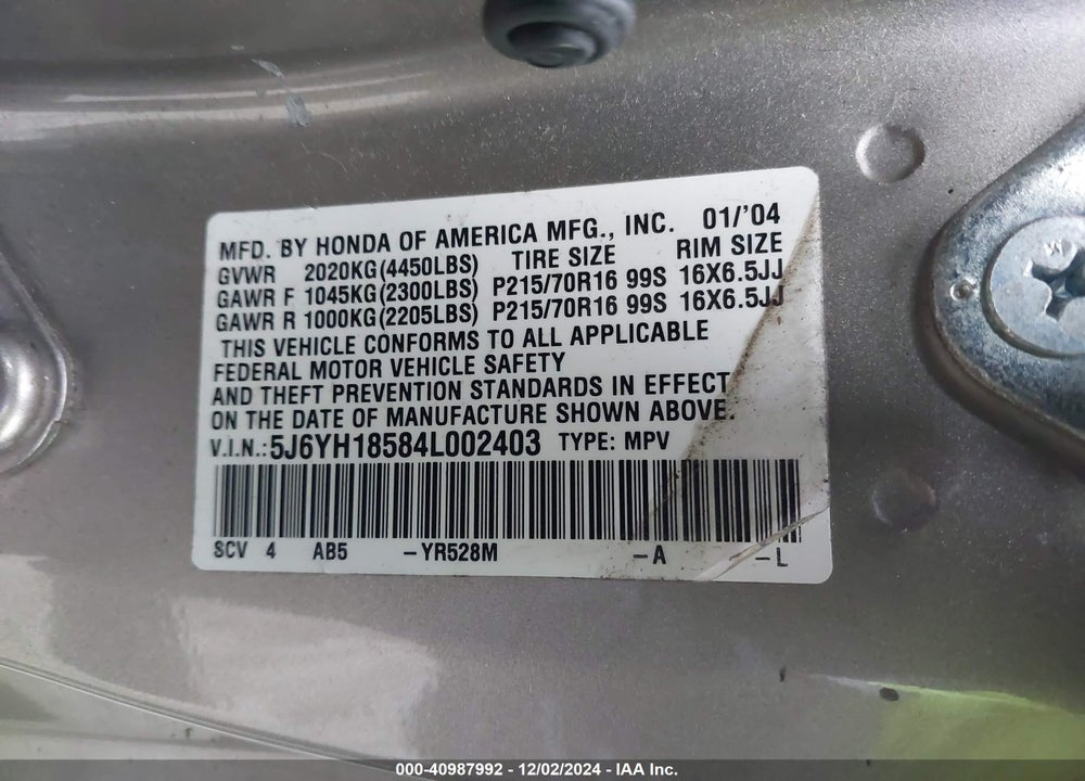 2004 HONDA ELEMENT VIN: 5J6YH18584L002403