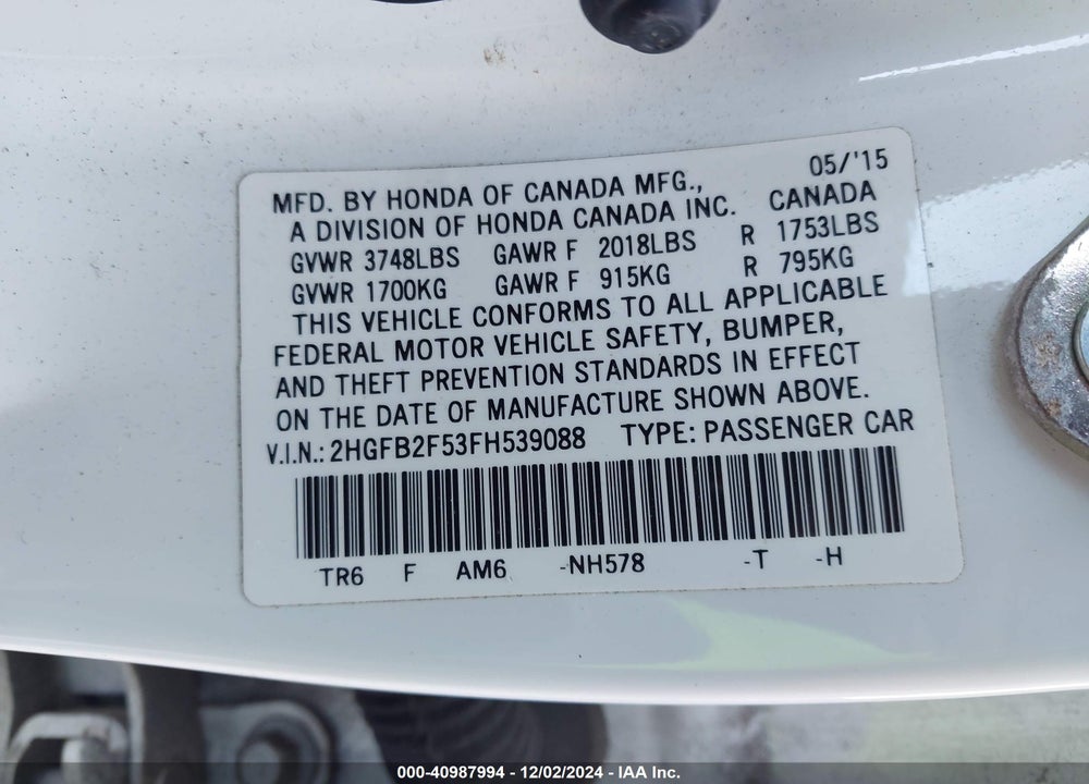 2015 HONDA CIVIC LX VIN: 2HGFB2F53FH539088