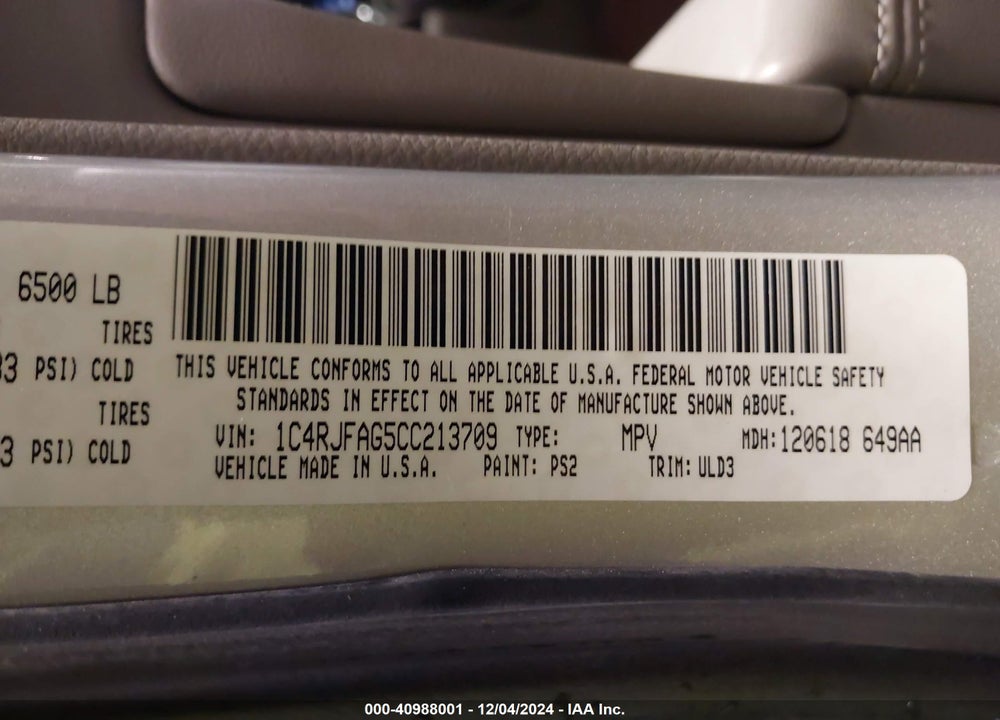 2012 JEEP GRAND CHEROKEE LAREDO VIN: 1C4RJFAG5CC213709
