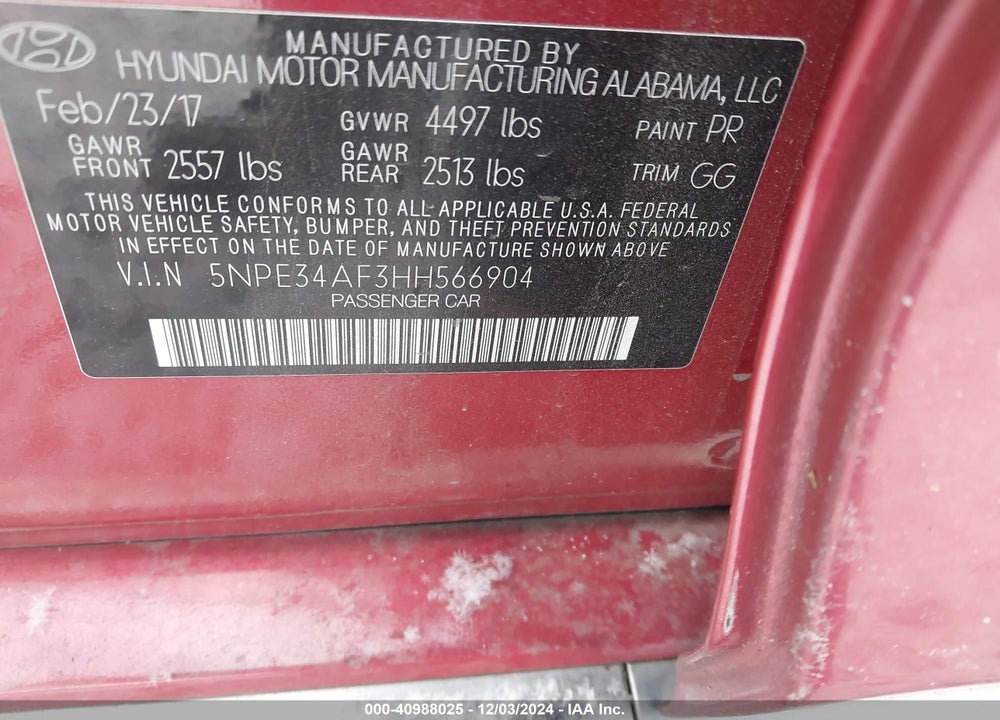 2017 HYUNDAI SONATA SPORT VIN: 5NPE34AF3HH566904