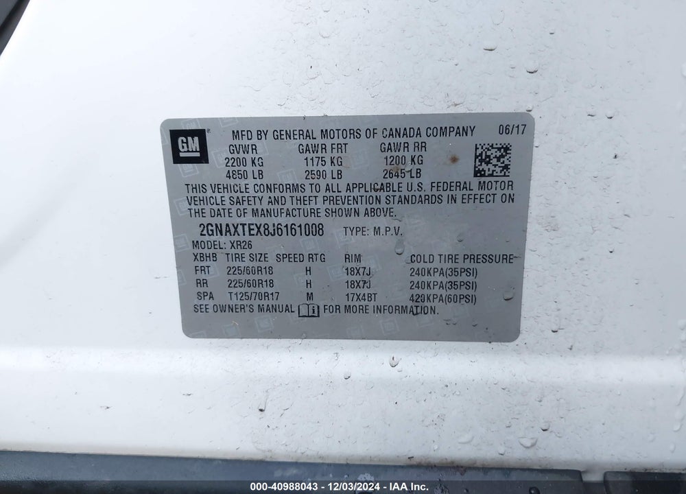 2018 CHEVROLET EQUINOX LT VIN: 2GNAXTEX8J6161008