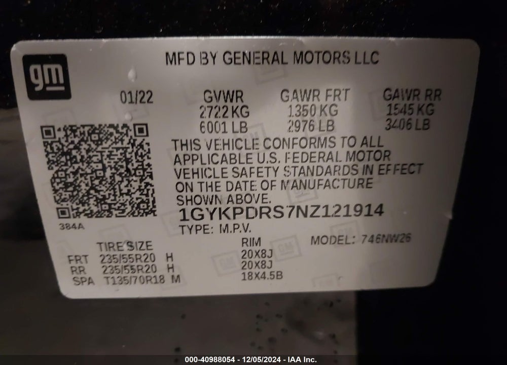 2022 CADILLAC XT6 PREMIUM LUXURY VIN: 1GYKPDRS7NZ121914