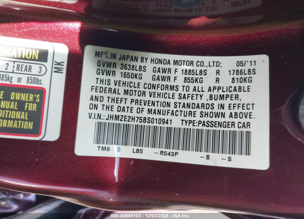 2011 HONDA INSIGHT EX VIN: JHMZE2H75BS010941