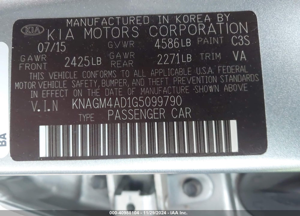 2016 KIA OPTIMA HYBRID VIN: KNAGM4AD1G5099790