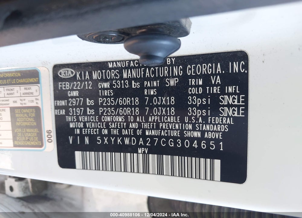2012 KIA SORENTO SX V6 VIN: 5XYKWDA27CG304651