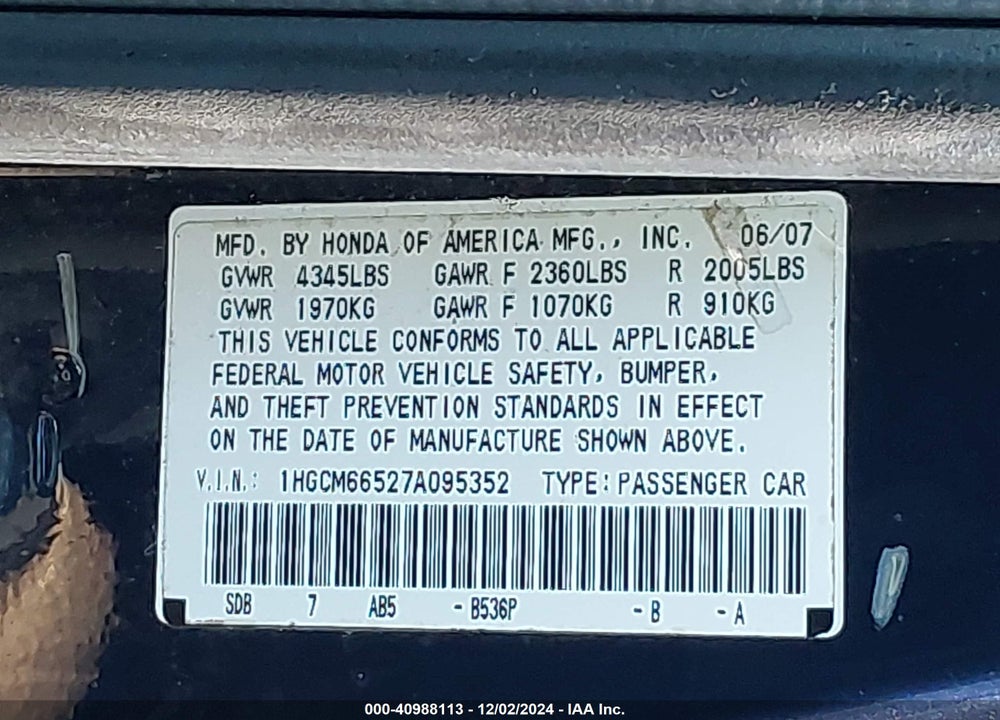 2007 HONDA ACCORD 3.0 EX VIN: 1HGCM66527A095352