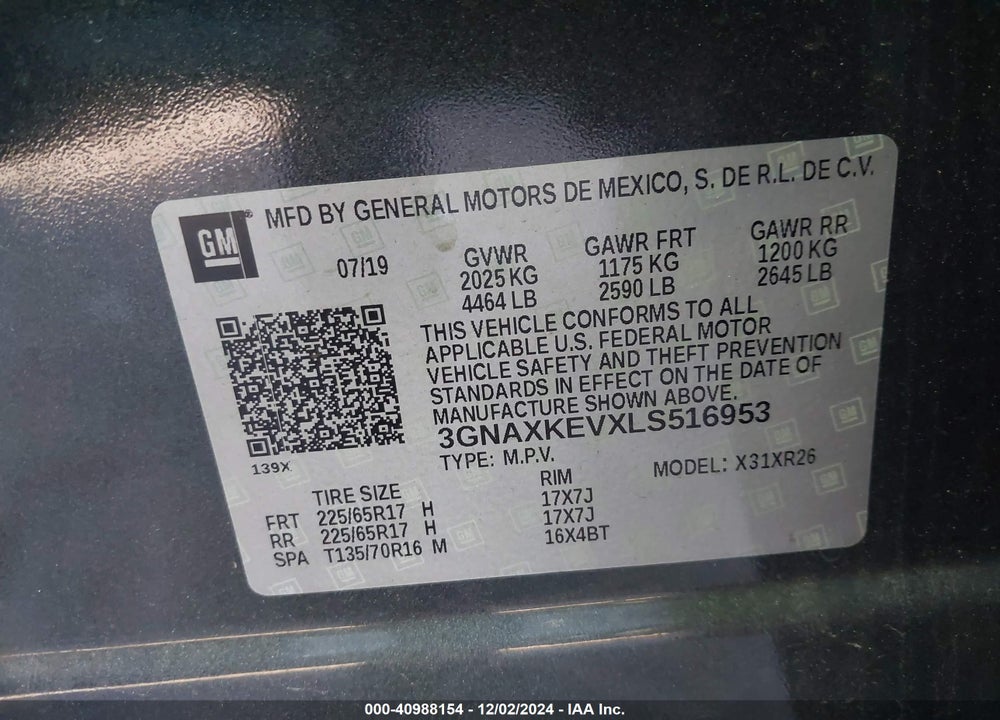 2020 CHEVROLET EQUINOX FWD LT 1.5L TURBO VIN: 3GNAXKEVXLS516953