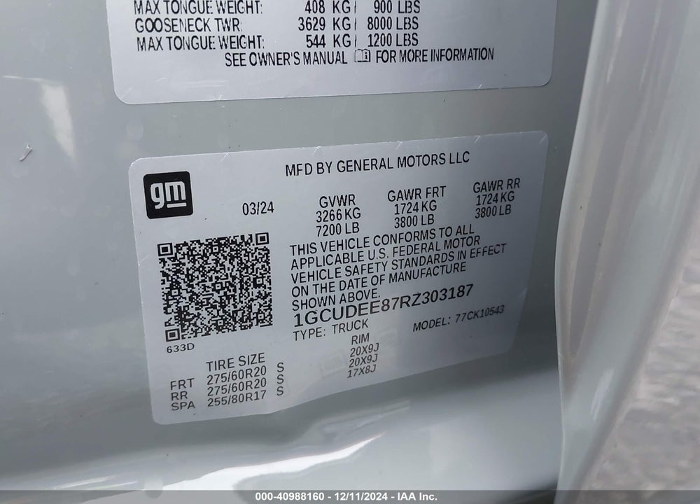 2024 CHEVROLET SILVERADO 1500 VIN: 1GCUDEE87RZ303187