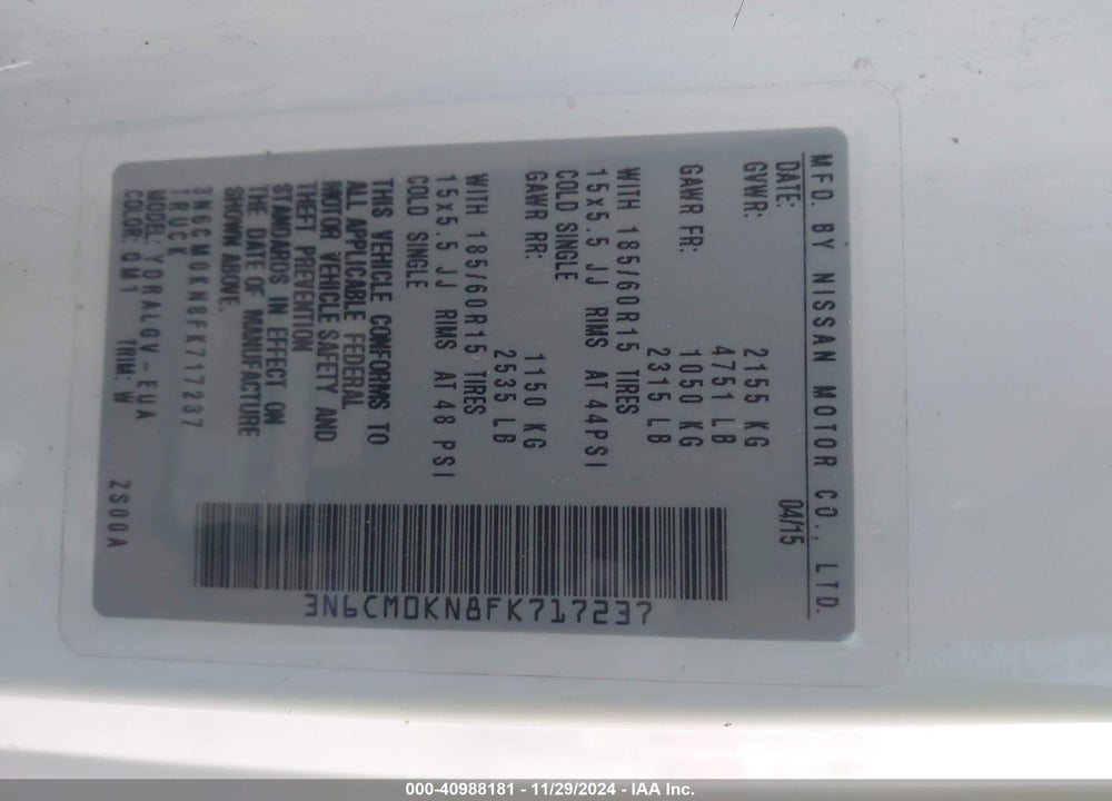 2015 NISSAN NV200 SV VIN: 3N6CM0KN8FK717237