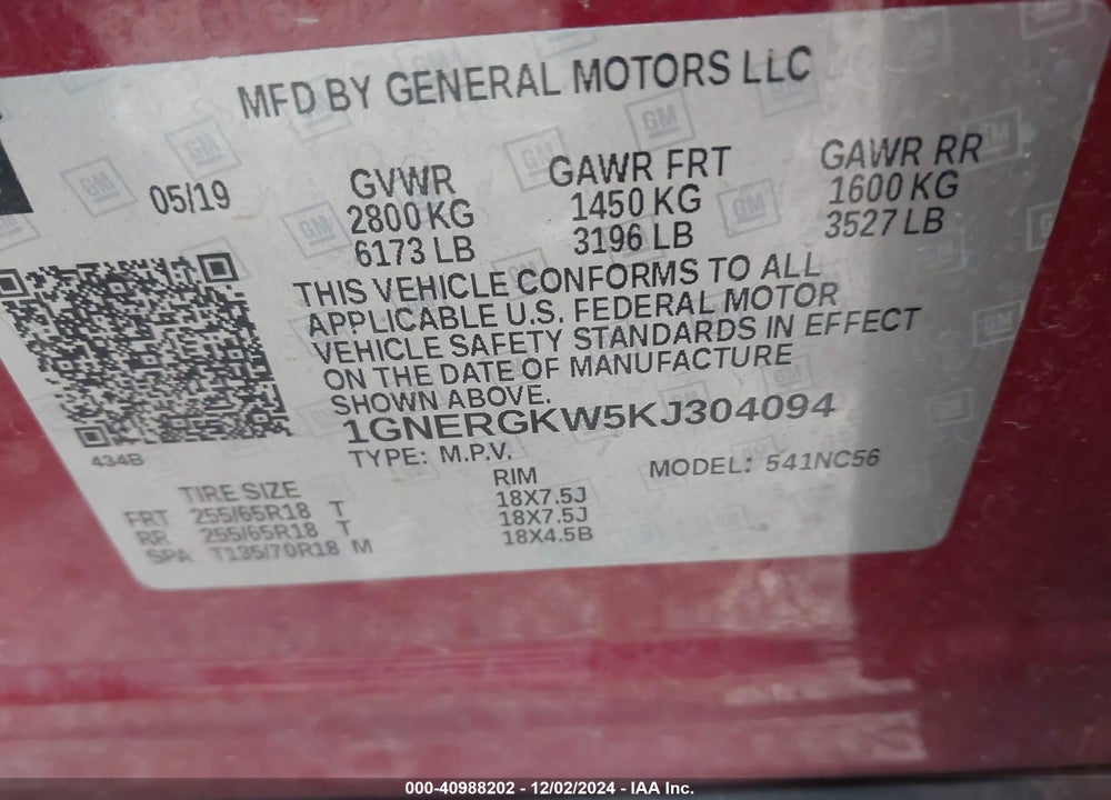 2019 CHEVROLET TRAVERSE 1LT VIN: 1GNERGKW5KJ304094