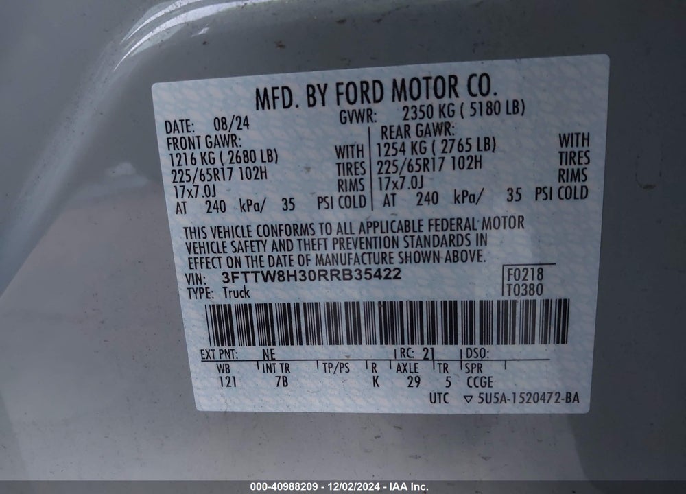 2024 FORD MAVERICK VIN: 3FTTW8H30RRB35422
