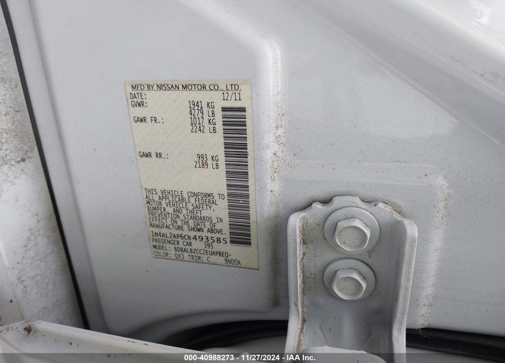 2012 NISSAN ALTIMA 2.5 S VIN: 1N4AL2AP6CN493585
