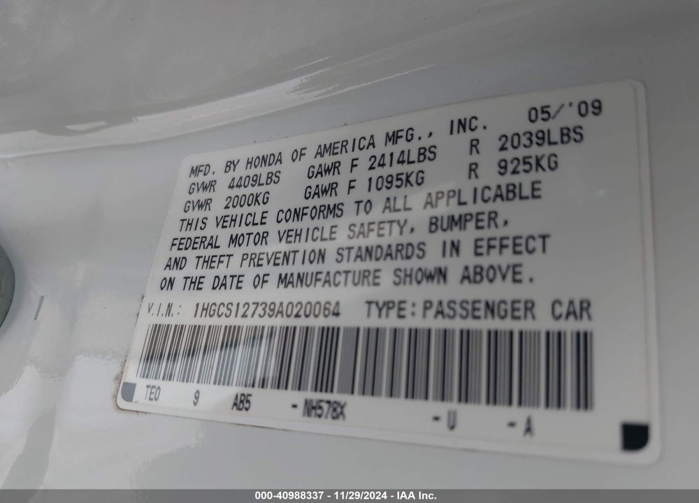 2009 HONDA ACCORD 2.4 EX VIN: 1HGCS12739A020064