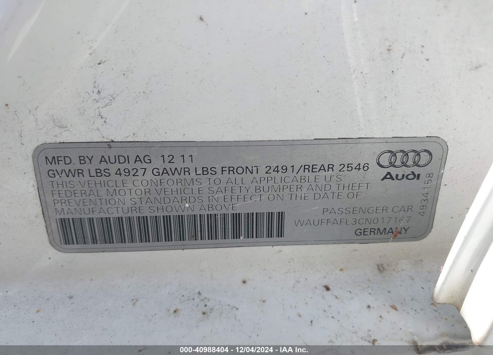 2012 AUDI A4 2.0T PREMIUM VIN: WAUFFAFL3CN017167