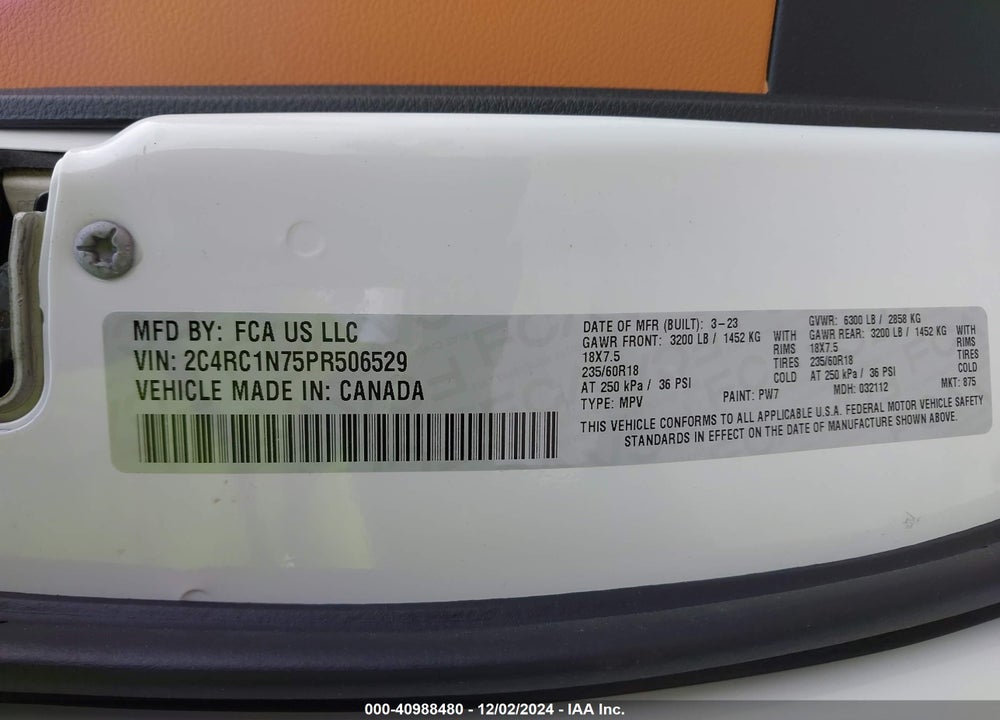 2023 CHRYSLER PACIFICA HYBRID PINNACLE VIN: 2C4RC1N75PR506529