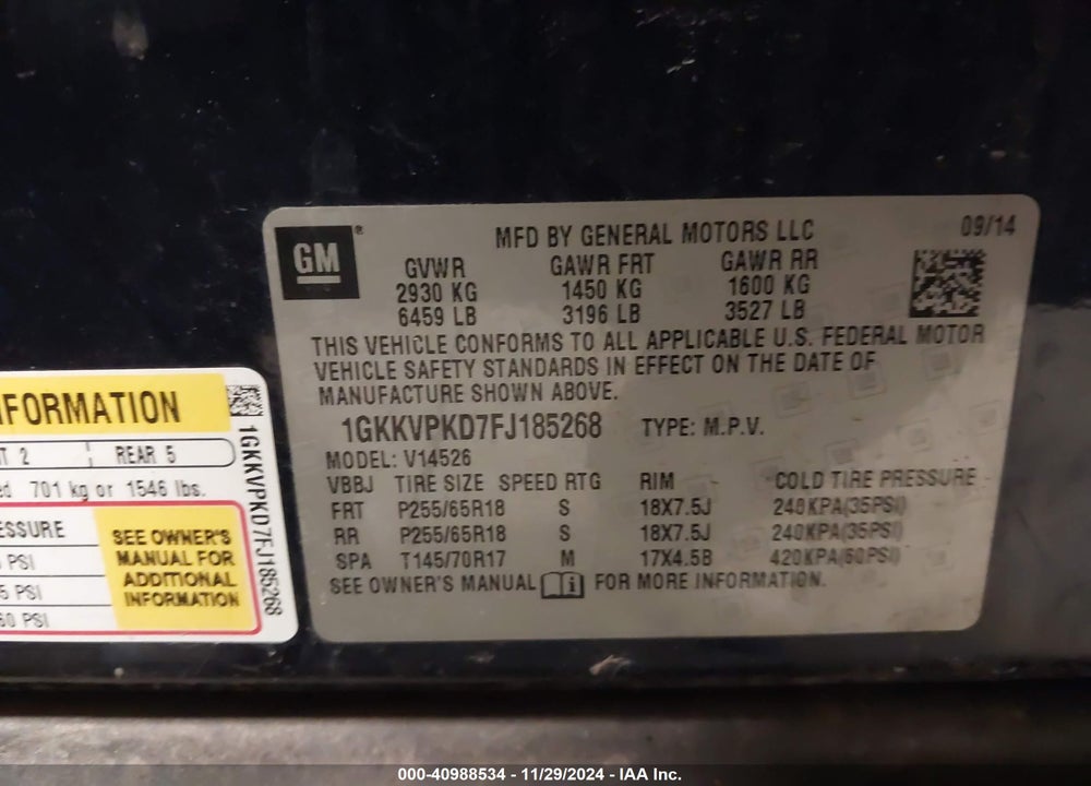 2015 GMC ACADIA SLE-2 VIN: 1GKKVPKD7FJ185268