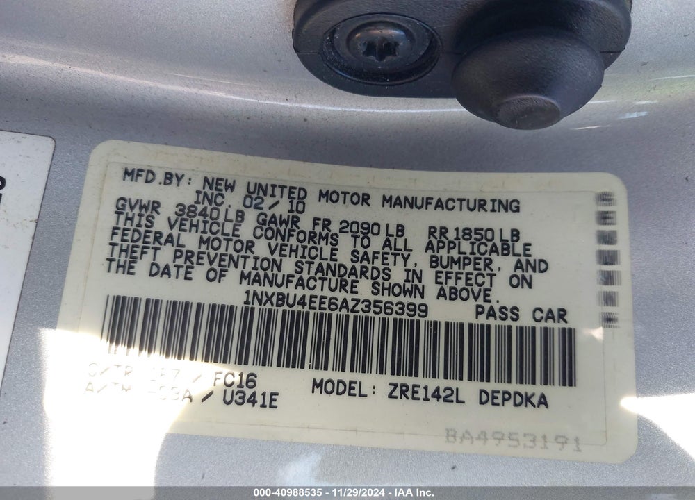 2010 TOYOTA COROLLA LE VIN: 1NXBU4EE6AZ356399