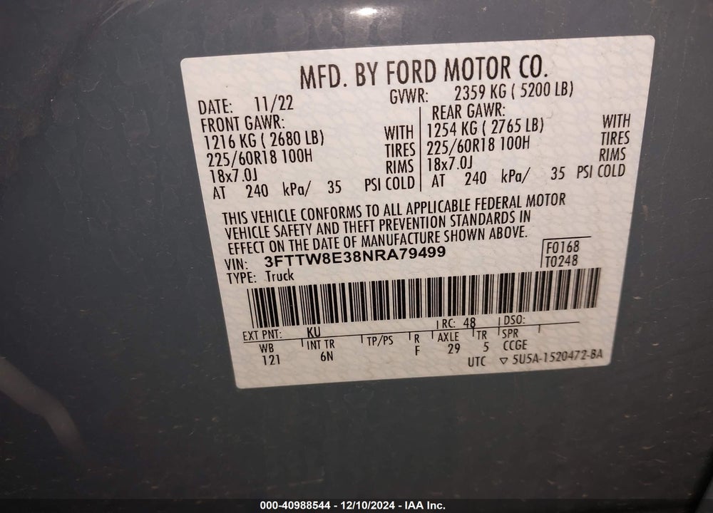 2022 FORD MAVERICK VIN: 3FTTW8E38NRA79499