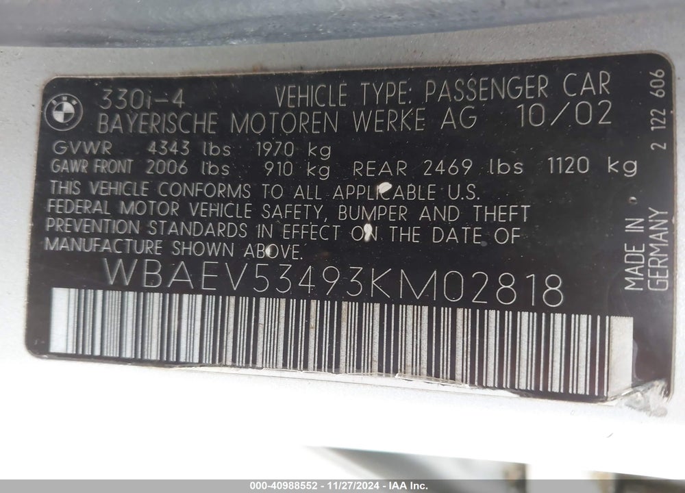 2003 BMW 330I VIN: WBAEV53493KM02818