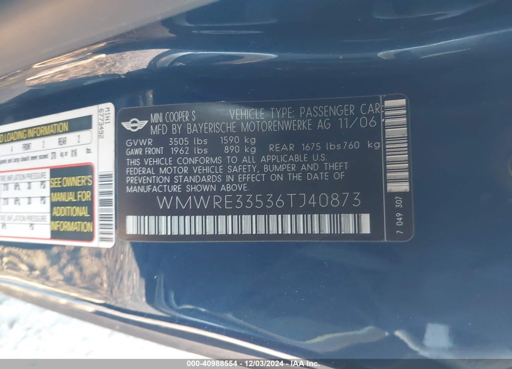 2006 MINI COOPER S VIN: WMWRE33536TJ40873