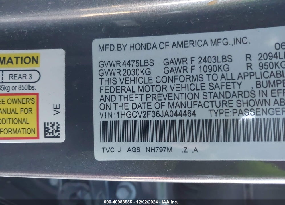 2018 HONDA ACCORD SPORT 2.0T VIN: 1HGCV2F36JA044464