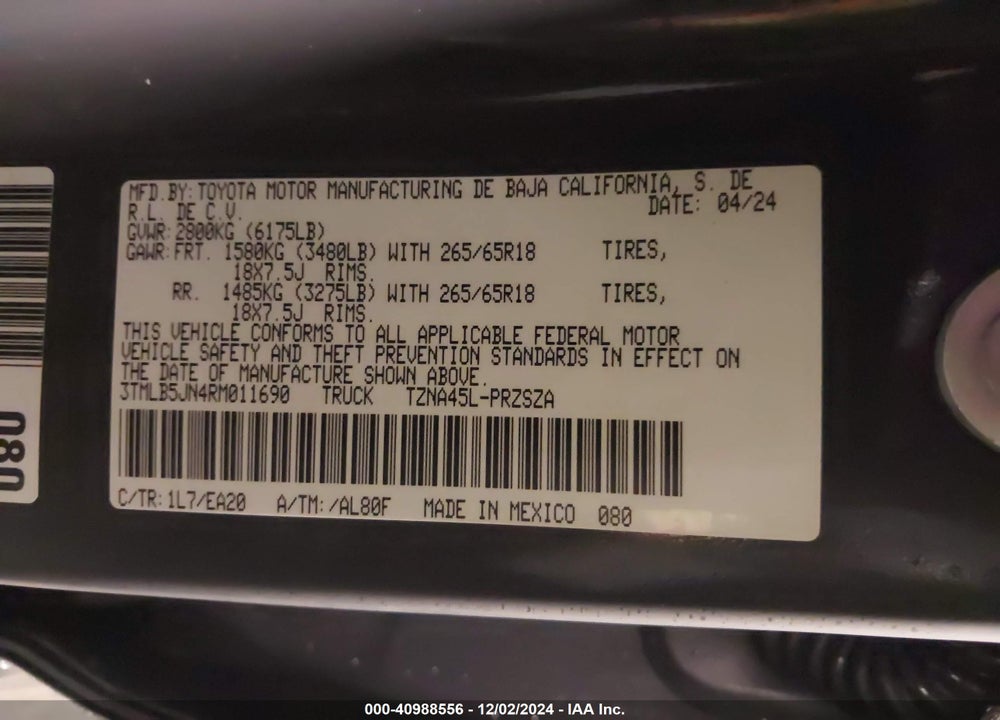 2024 TOYOTA TACOMA DOUBLE CAB/SR5/TRD SPORT/TRD OFF ROAD/LTD VIN: 3TMLB5JN4RM011690