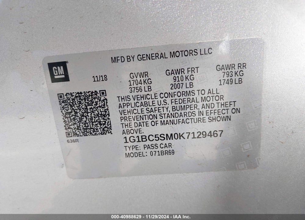 2019 CHEVROLET CRUZE LS VIN: 1G1BC5SM0K7129467