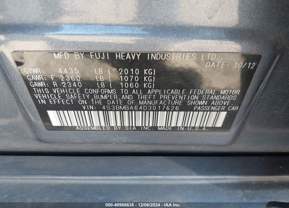2013 SUBARU LEGACY 2.5I VIN: 4S3BMBA64D3017626