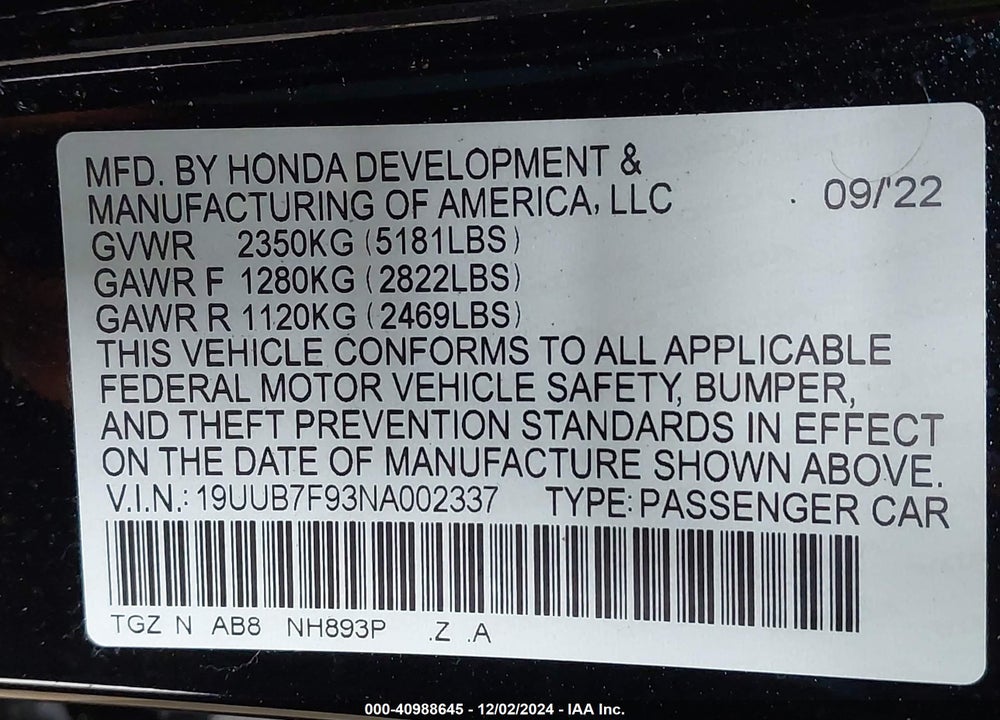 2022 ACURA TLX TYPE S - HP WHEEL AND TIRE VIN: 19UUB7F93NA002337