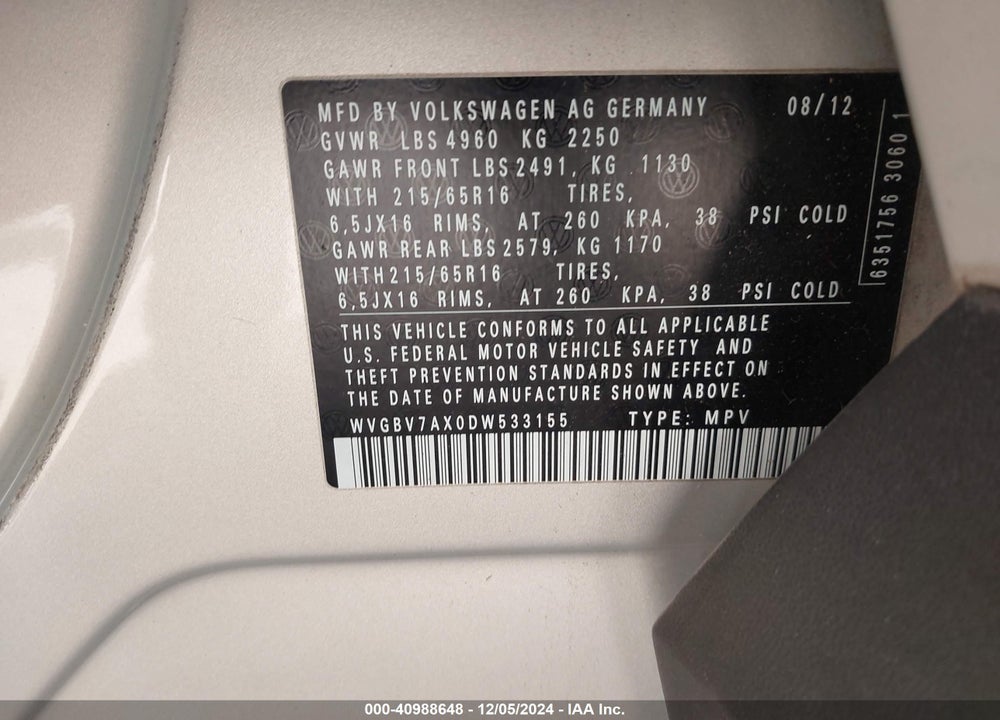 2013 VOLKSWAGEN TIGUAN S VIN: WVGBV7AX0DW533155