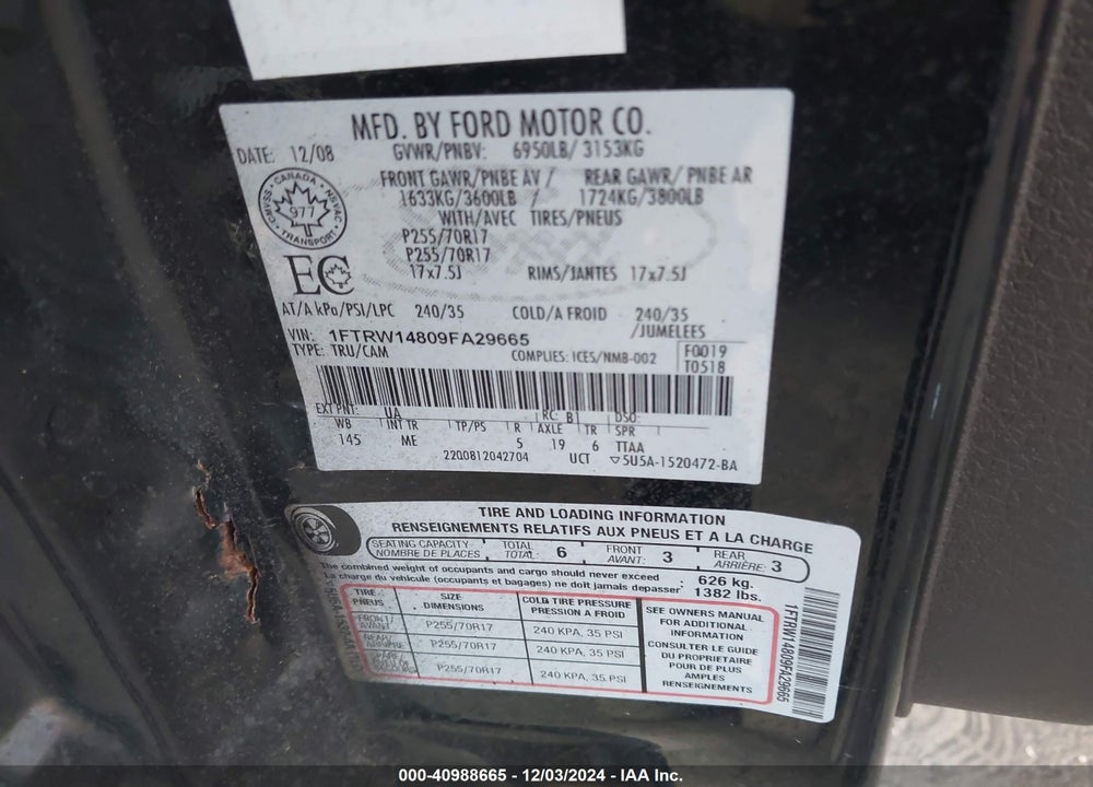 2009 FORD F-150 XL/XLT VIN: 1FTRW14809FA29665