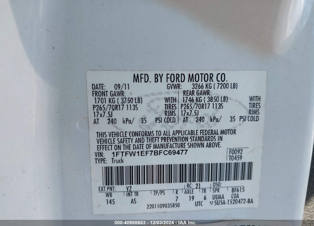 2011 FORD F-150 XL VIN: 1FTFW1EF7BFC69477