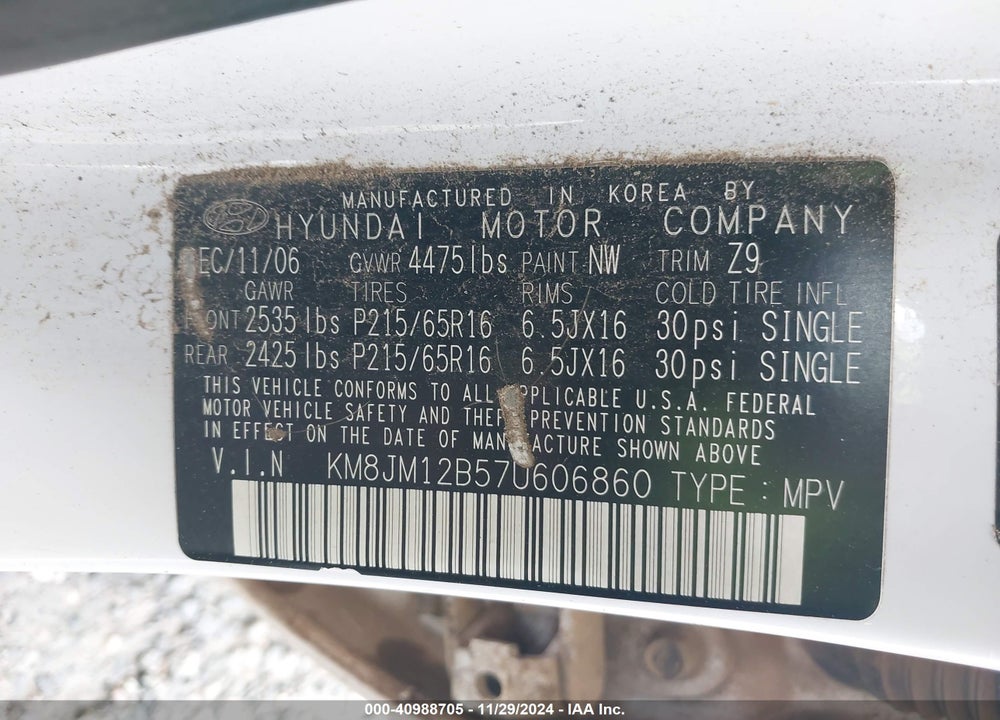 2007 HYUNDAI TUCSON GLS VIN: KM8JM12B57U606860